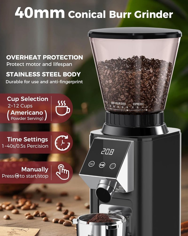 Tuni G1 Conical Burr Coffee Grinder, 48 Grind Settings Anti-static Burr Mill, Precision Electronic Timer and LED Touchscreen for Espresso/Drip/Cold Brew/French Press, Stainless Steel, Noir - Image 2